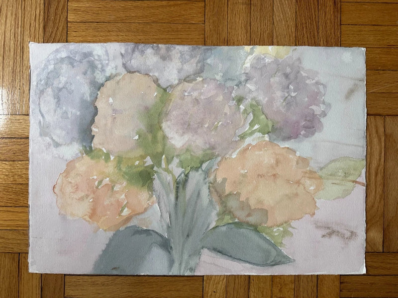 Vintage Watercolor Painting Floral Still Life Pastel Colors Hydrangea's 22 x 15 Hydrangea