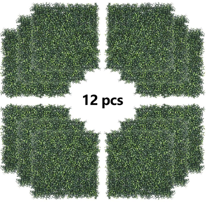 Set of 12 artificial boxwood panels, green square foliage wall decor