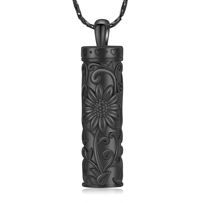 Floral embossed cylindrical cremation urn pendant necklace, dark metal finish
