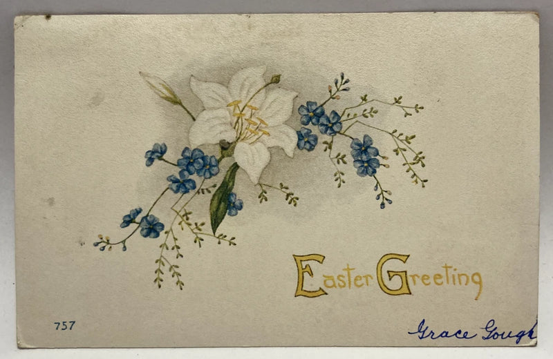 Easter Greeting, White Lily, Blue Flowers, Vintage Postcard Lily