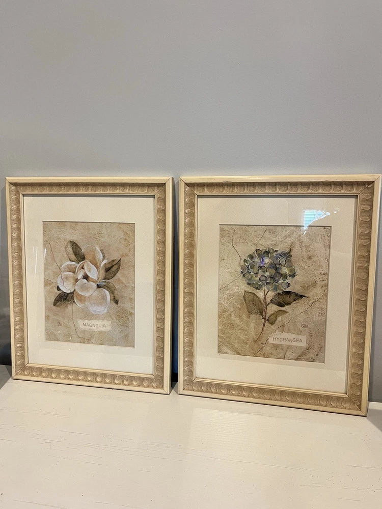 Cheri Blum Framed Magnolia & Hydrangea Flower Art Prints Beige Blue Vintage Hydrangea