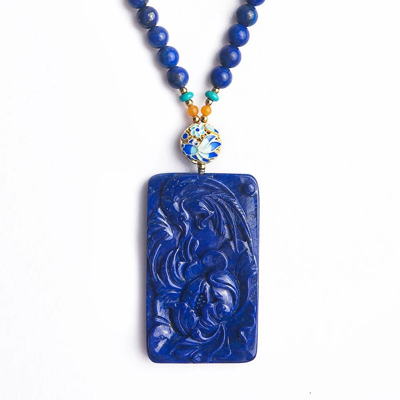 Natural Lapis Lazuli Royal Blue  Peony Flower Carved Pendant Peony
