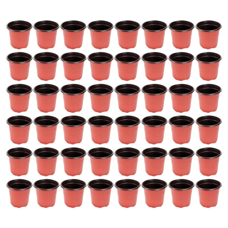Set of 120 small red plastic nursery pots with black rims and drainage holes