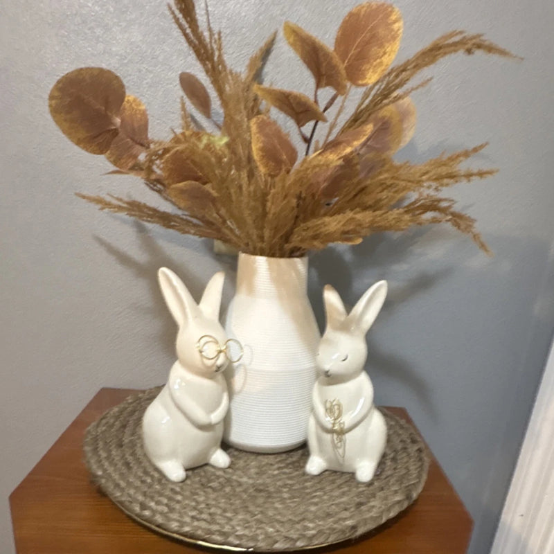 Artificial Pampas Grass Arrangement in Decorative Vase with Ceramic Bunnies Pampas Grass