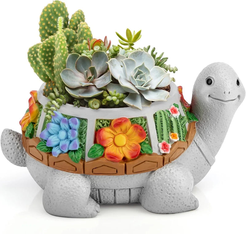 Concrete turtle planter pot with drainage-style design, holding colorful succulent garden plants