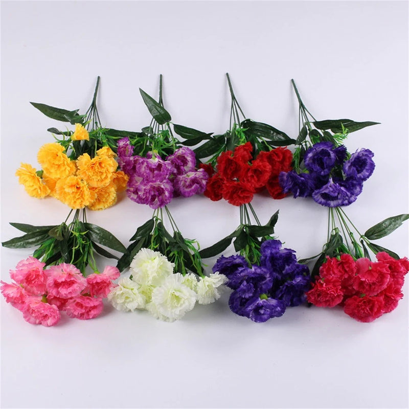 Artificial plastic carnation stems bundle with green leaves, in yellow, purple, red, blue, pink