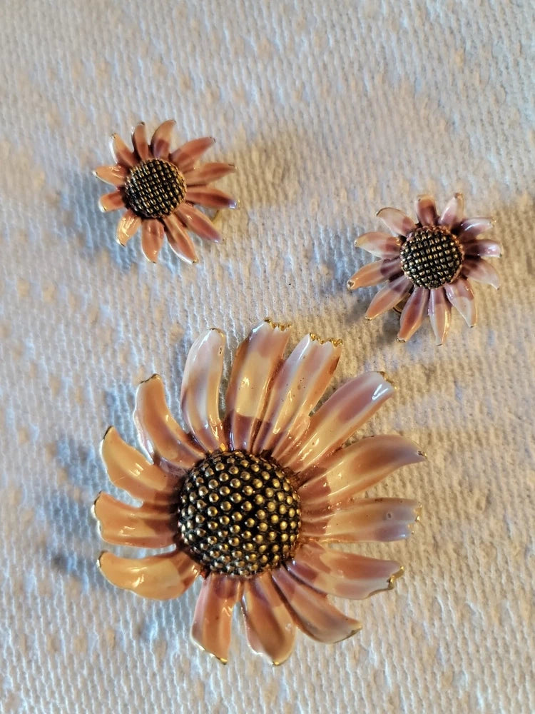 Sunflower enamel brooch with clip-on earrings, peach petals and black jeweled centers