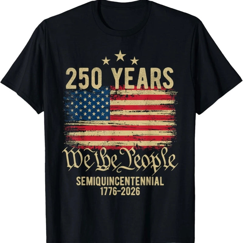 Black unisex graphic T-shirt with 250 Years star-and-flag print and We The People text