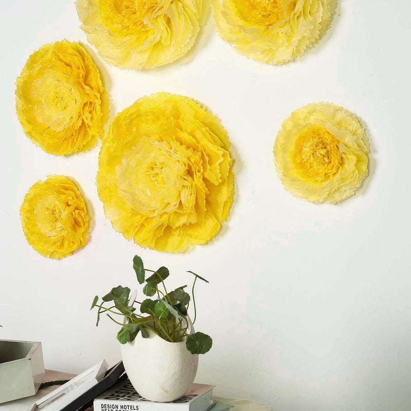Yellow tissue paper carnation flowers, set of multiple pom-puff blooms