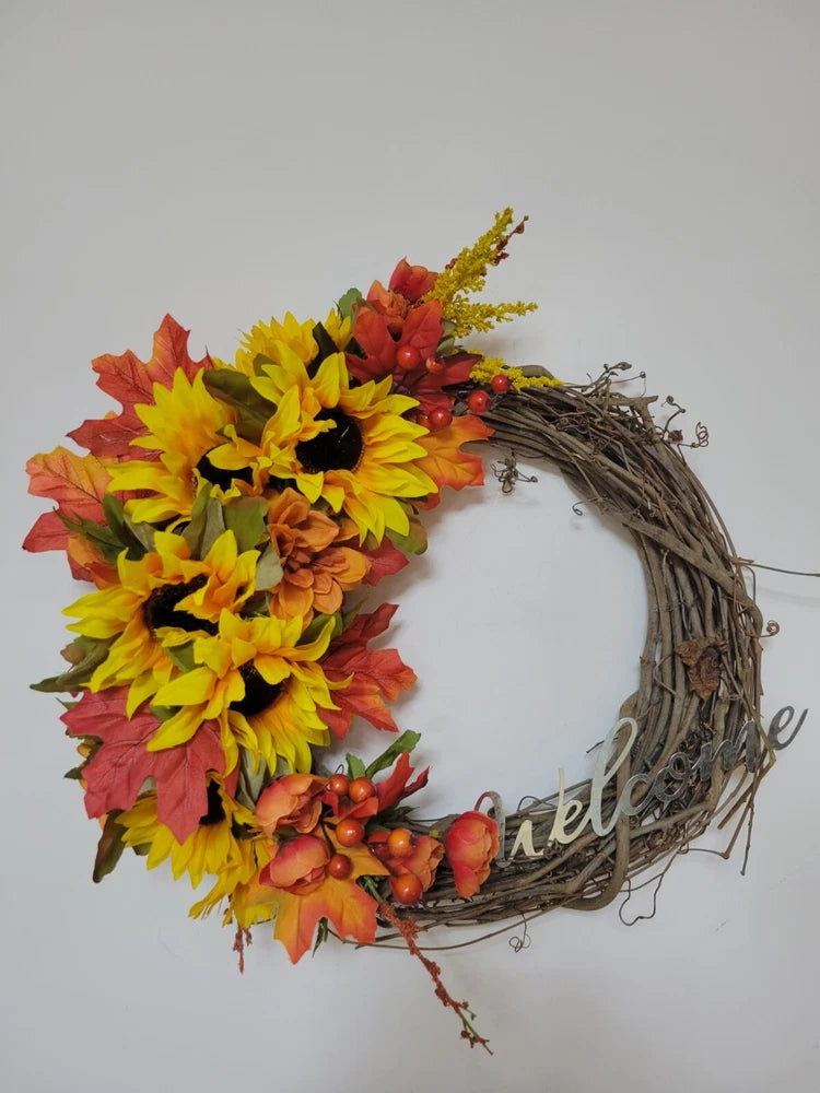 WELCOME floral Wreath Sunflowers cranberries fall late summer vine orange pretty Sunflower