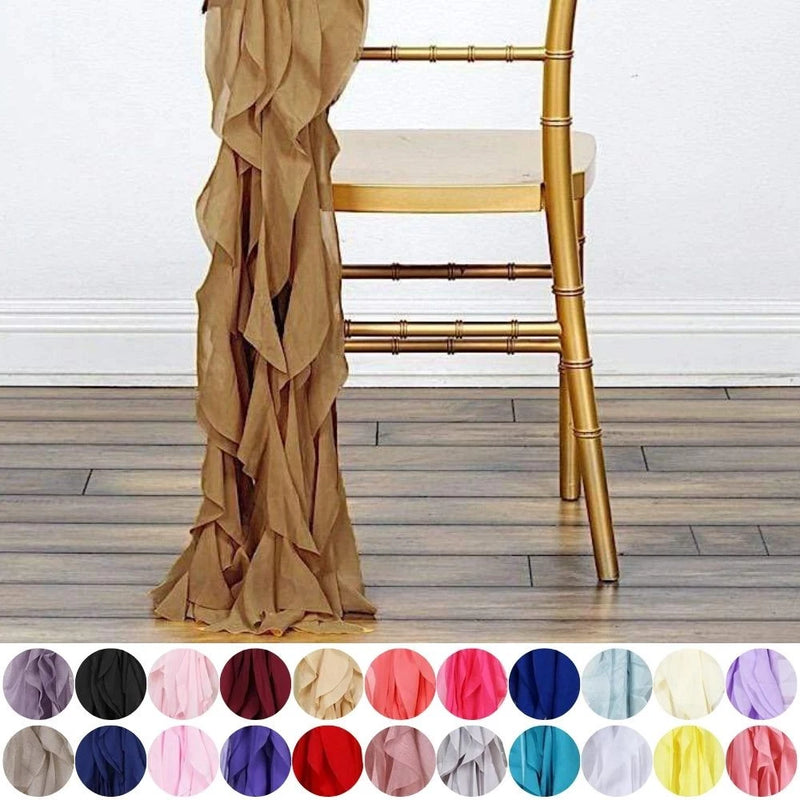 Chiffon curly chair sash, taupe long ruffled drape