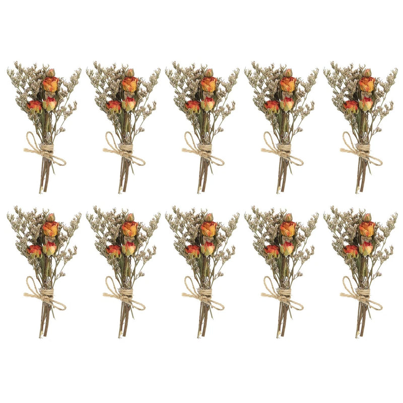 Set of 10 mini dried flower bouquets with orange roses and baby’s breath, tied bundles