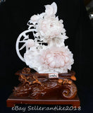 19.6" Chinese Natural Pink Xiu Jade Carved Peony Flower Butterfly Statue Peony