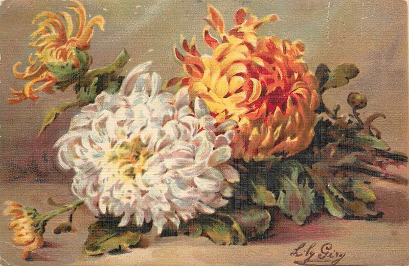 Vintage floral postcard featuring white and orange flower bouquet with leafy accents