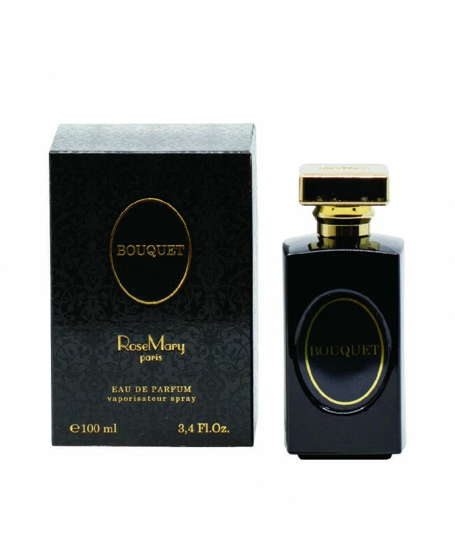 Bouquet eau de parfum spray bottle with dark box, gold cap, oval label