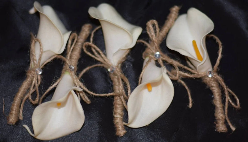 White cal lily boutonniere rustic twine 5 pieces Wedding GROOM GROOMSMEN Bouquet
