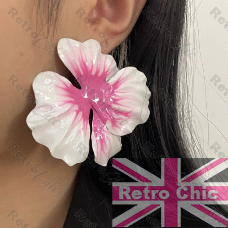 7cm HUGE Zara Style FLORAL White&Pink Enamel BIG Stud EARRINGS Giant Petal Lily