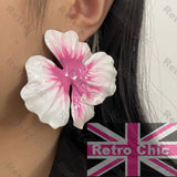 7cm HUGE Zara Style FLORAL White&Pink Enamel BIG Stud EARRINGS Giant Petal Lily