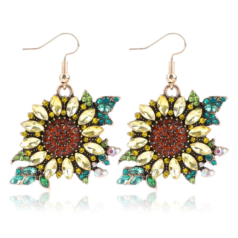 Vintage Sunflower Earrings for Women Rhinestone Dangle Flower Earrings Cubic Zir Sunflower