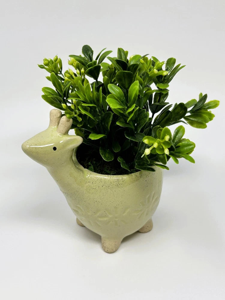 Mini 6" Artificial Boxwood plastic plant potted in Ceramic DEER Giraffe Pot, han Green Plant
