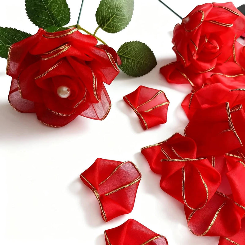 Red chiffon rose petals with gold-edged tulle trim, pre-made set