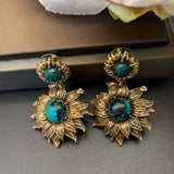 Retro Sunflower Style Earrings Turquoise Inlaid Stud Exquisite Jewelry Gifts Sunflower