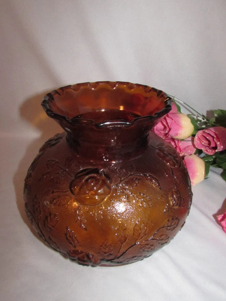 Amber embossed roses glass hurricane shade with ruffled top, decorative vintage style