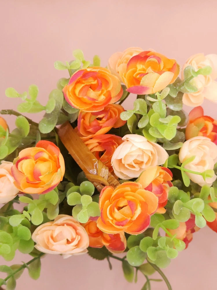 Faux Orange & Peach Rose/Ranunculus Arrangement in Woven Basket Ranunculus