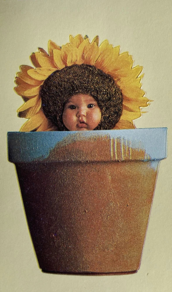 Baby sticker of toddler face peeking from a terra-cotta pot with sunflower