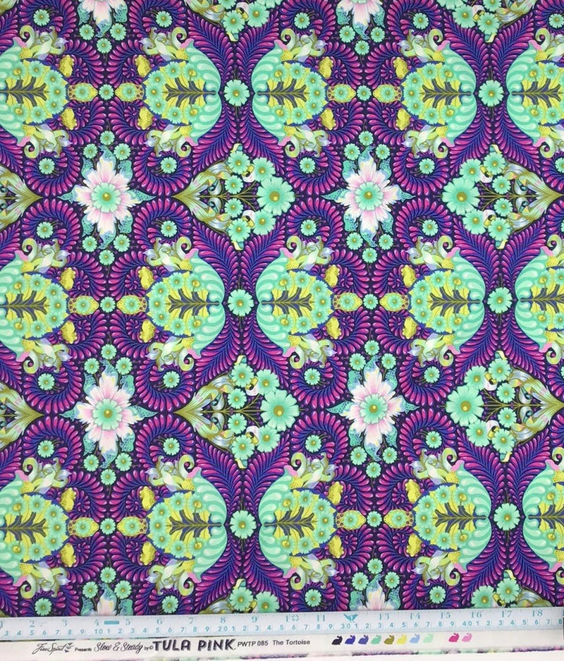 Tula Pink Fabric Slow and Steady The Tortoise OOP Fat Quarter Blue Raspberry Flowering Plants