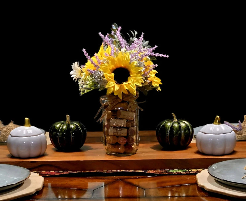 Sunflowers & Lavender In Ball Mason Jar With Wine Corks  __ Sunflower