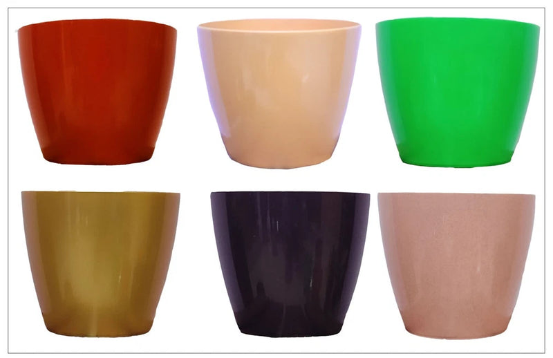 Set of six multicolor tapered plant pots: orange, beige, green, gold, purple, pink