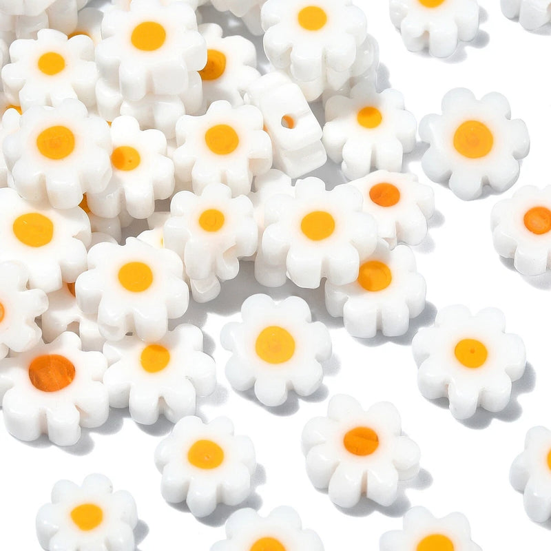 100x Millefiori Lampwork Glass Bead White Daisy Flower Beads for Jewelry Making Daisies