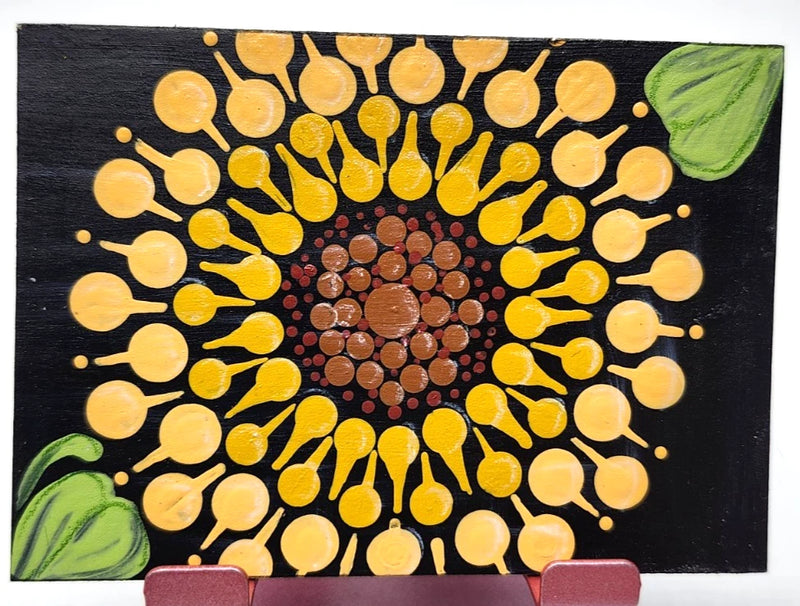 Sunflower acrylic dot art card with black background, yellow petals, brown center, green leaves