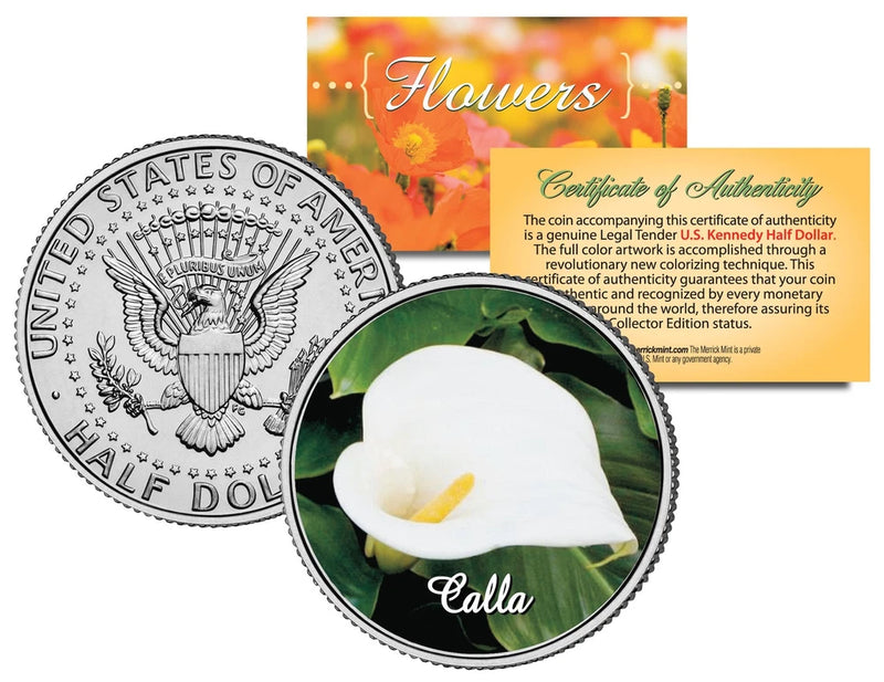 Colorized JFK half dollar coin with calla lily in green frame and authenticity certificate