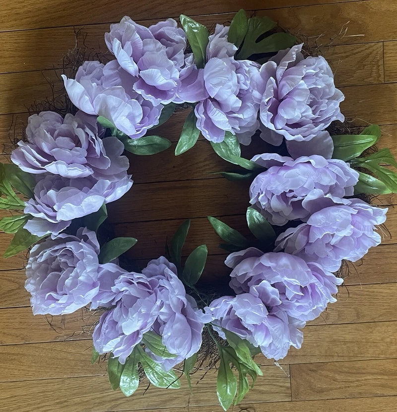 Artificial peony flower wreath with lavender blooms and green leaves, round door decoration