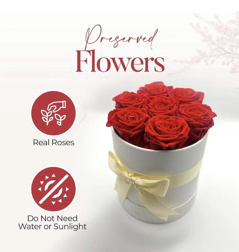 Preserved red roses in white gift box with pale yellow ribbon
