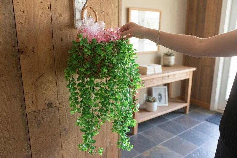Artificial hanging ivy wall decor with cascading green leaves and pink flower accents