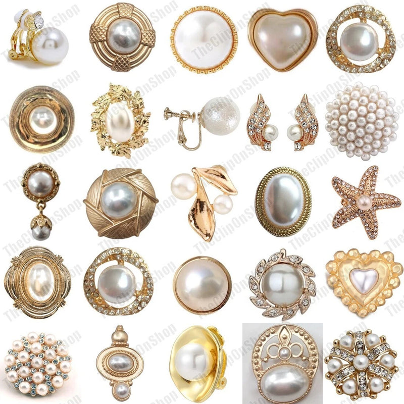 Gold-tone clip-on earrings with pearl accents and rhinestone details, mixed shapes