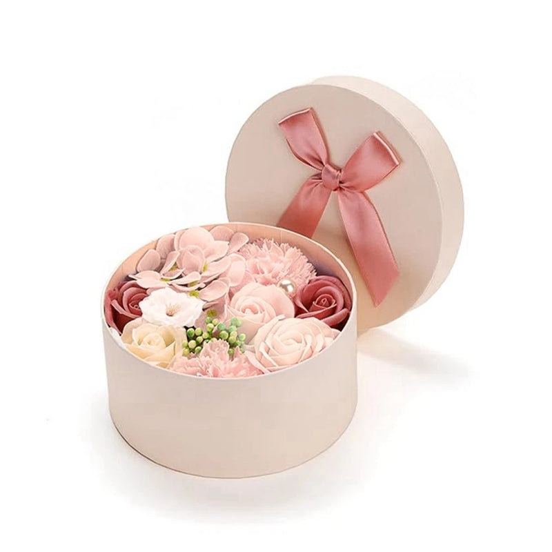 Pastel scented soap flower bouquet in beige gift box with pink satin bow