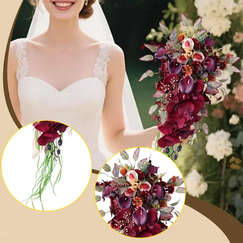 Wedding bouquet with dark red rose water-drop blooms, small flowers, and greenery