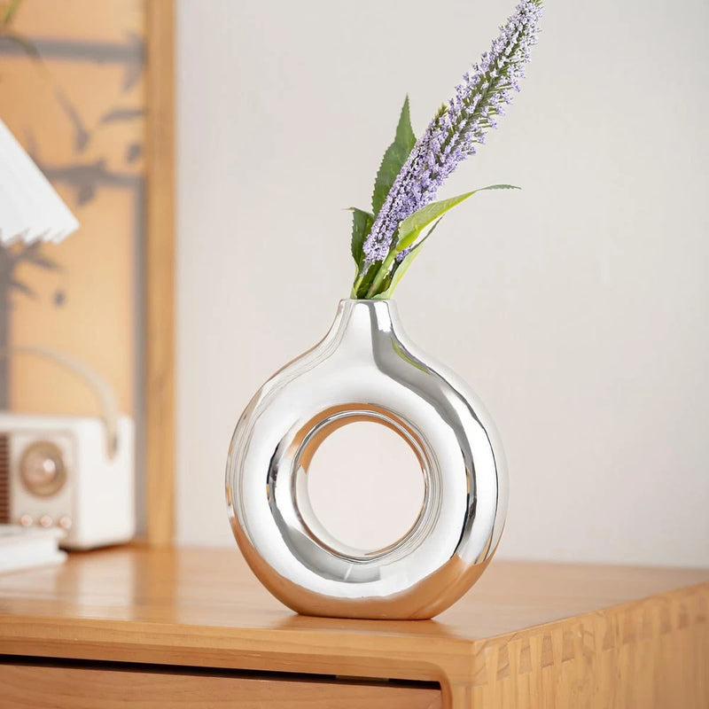 White and Gold Donut Vase, Modern Ceramic Vase for Pampas Grass, Perfect Centerp Pampas Grass