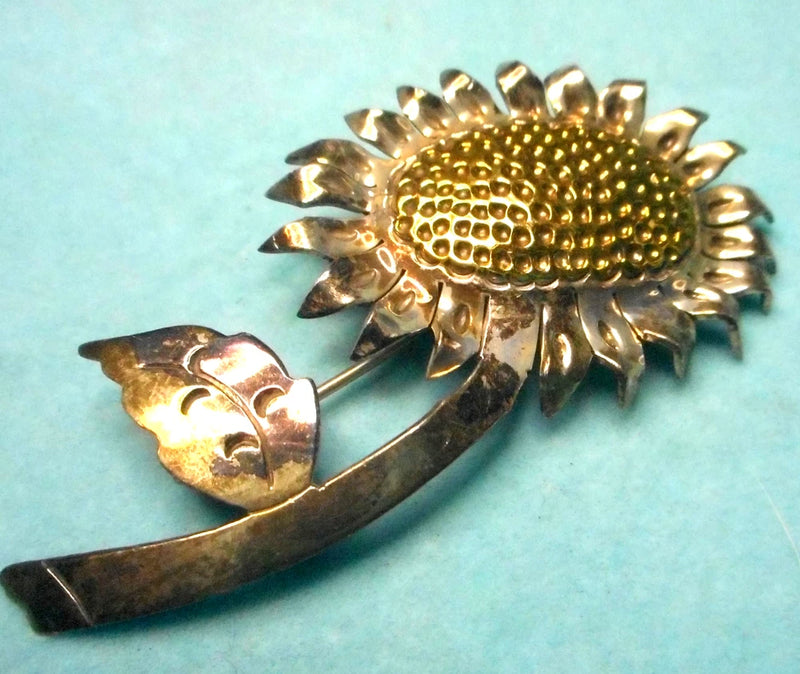 Vtg Taxco Sterling Silver w Goldtone Sunflower Brooch 2" Sunflower