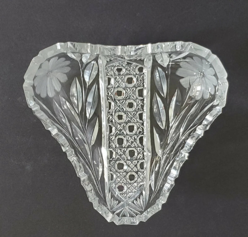 ABP Cut Glass Crystal Candy Dish Bowl Daisy Sunflowers Pattern w/ Sawtooth Edge Sunflower