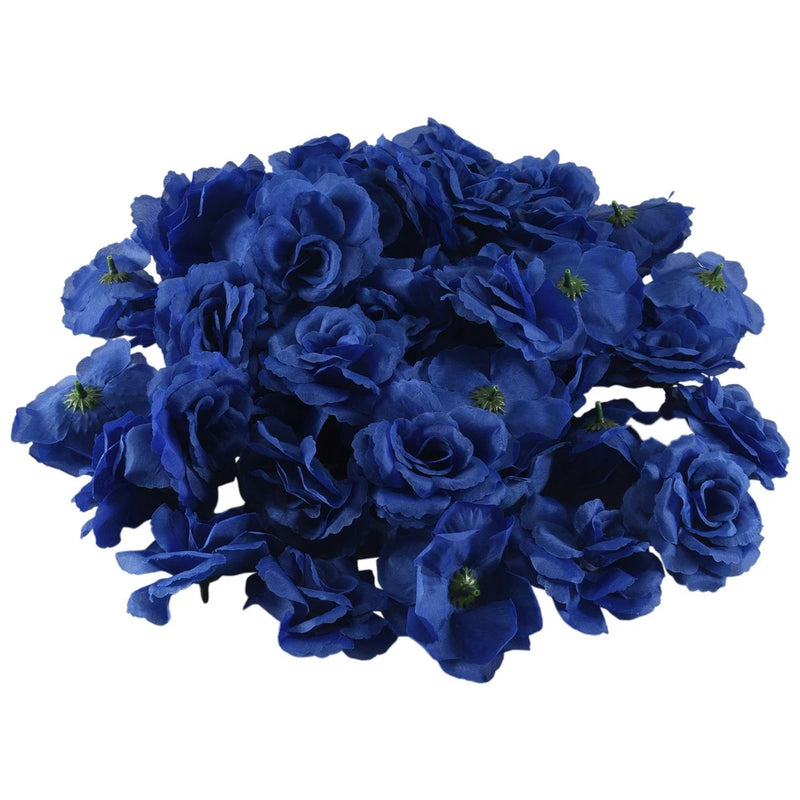 Blue silk rose flower heads bundle, small rosette petals with green leaf accents