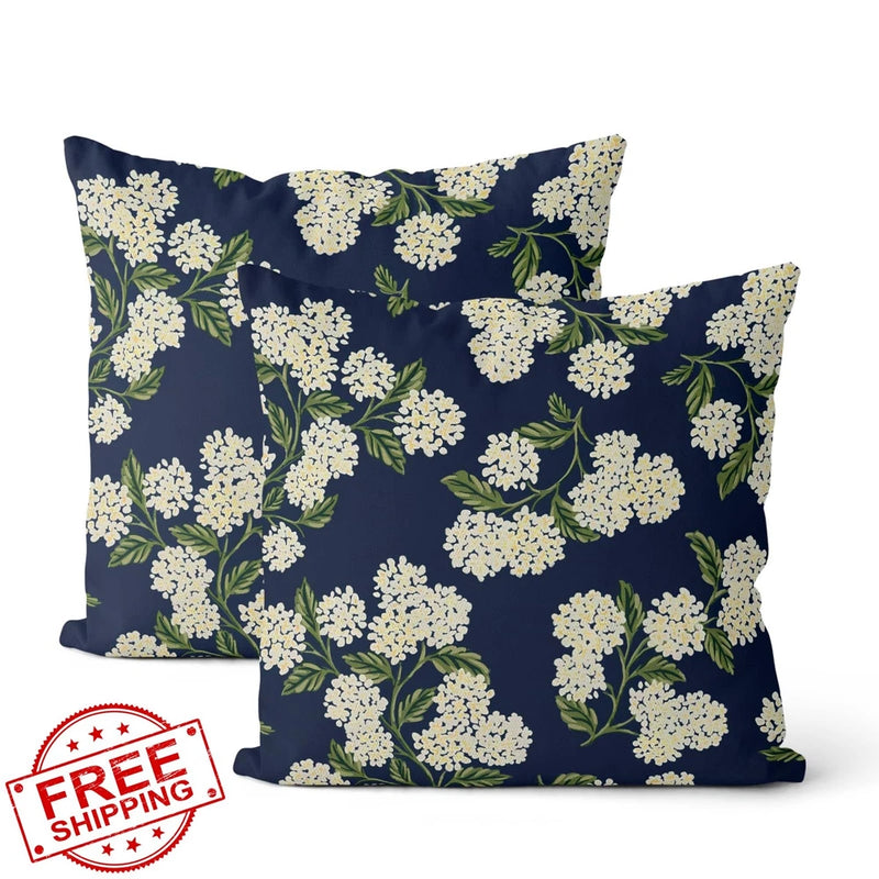 18x18" Navy Blue Spring Pillow Covers, 2pc Hydrangea Floral Decor Hydrangea