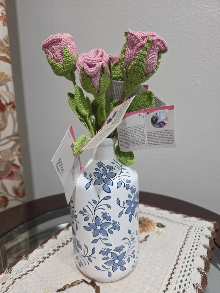 Set of 5 Handmade Crochet Pink Rose Stems Ð Artificial Floral Decor Green Plant