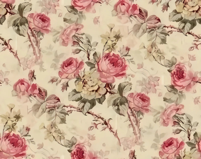 Shabby chic miniature wallpaper with tan background and pink rose floral pattern