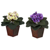 Nearly Natural African Violet W/Vase Silk Plant Set Of 2 Realistic Home Decor Green Plant