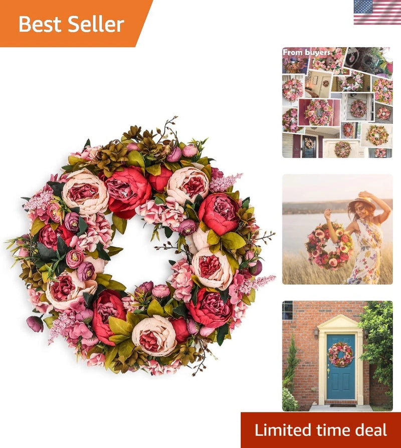 Vintage peony flower wreath with pink, red, and cream blooms and green leaves.